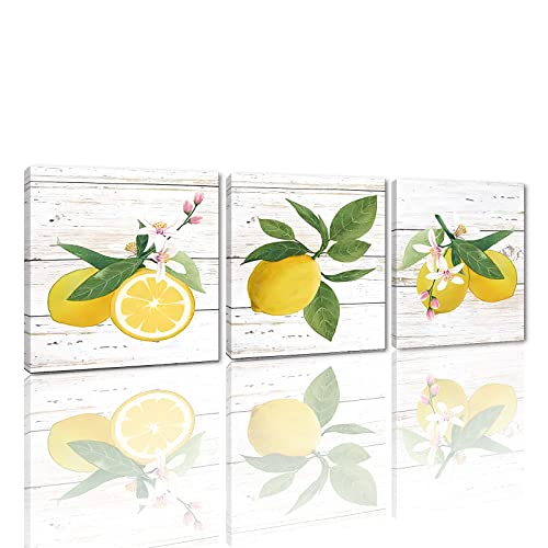 Yatsen Bridge 3 paneles de 3 paneles de limón fresco con flores rosas y hojas verdes en lienzo para pared, 12 x 12 pulgadas, 3 piezas Cover