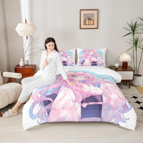 Image of Erosebridal Girls Bedding Japanese Style Comforter Set King, 3D Anime Girl Duvet Insert Cartoon Kawaii Kimono Girl Bedding Comforter Sets Romantic Gifts for Her