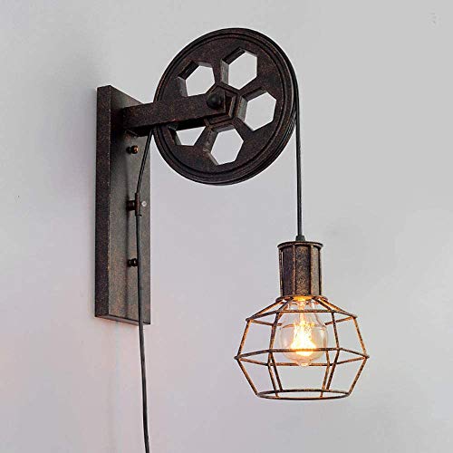 E27 Applique Murale Industrielle Poulie Vintage Suspension Métal en forme Cage Rétro Lampe de Mur Loft Corde Ajustable (Bronze)