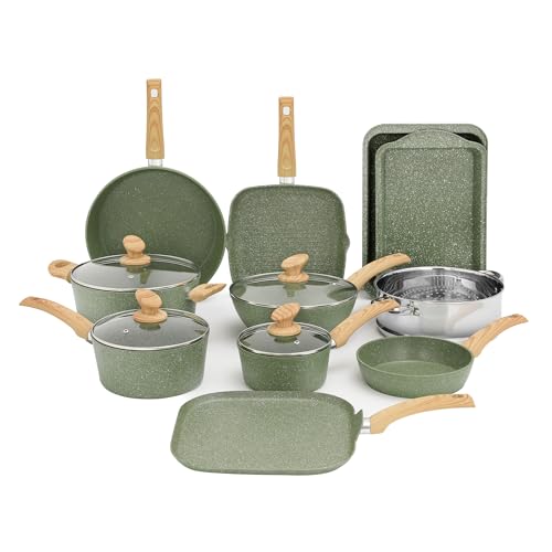 Comparativas de Comprar sartenes para comprar hoy. 29 Kitchen Academy - Juego de utensilios de cocina de inducción de 17 piezas, juego de ollas y sartenes de granito verde, juego de sartenes antiadherentes