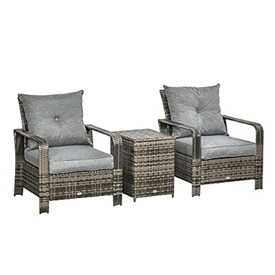 Outsunny 3 Piece Patio Furniture Set, PE Rattan Wicker Storage Table and Chairs w/Tufted Cushions for Outdoor Garden, Backyard, Poolside, Balcony, Gray
