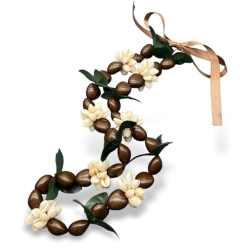 Eitonbu Hawaiian Dark Brown Kukui Nut 32 Lei Necklace Graduation Luau Hula (Brown Upgraded Version)