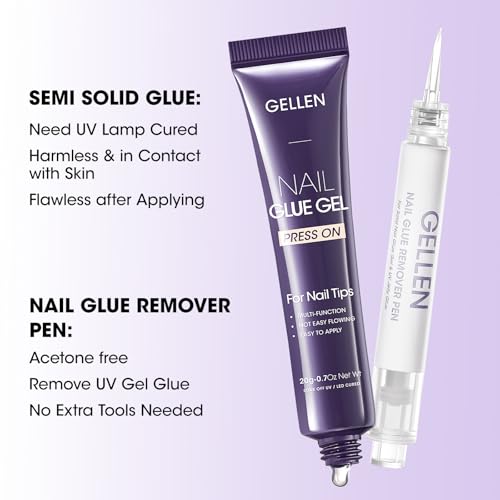 Image of Gellen Nail Glue and Remover Kit, UV Gel Nail Glue for Press Ons, 2 Pcs Non Acetone Gel Nail Glue Removers, Long Lasting Semi Solid Nail Glue Gel, Gentle Gel Glue Off for Beginner DIY at Home