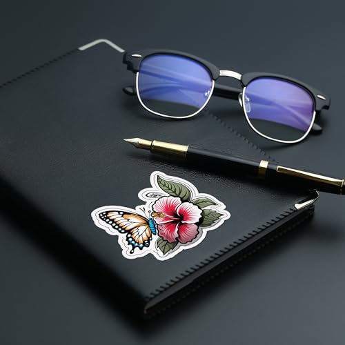 Image of Butterfly Hibiscus Flower Sticker Tropical Floral Vinyl Decal Waterproof Aesthetic Butterfly Flower Sticker for Laptop Water Bottle Car Bumper Notebook Cute Nature Gift