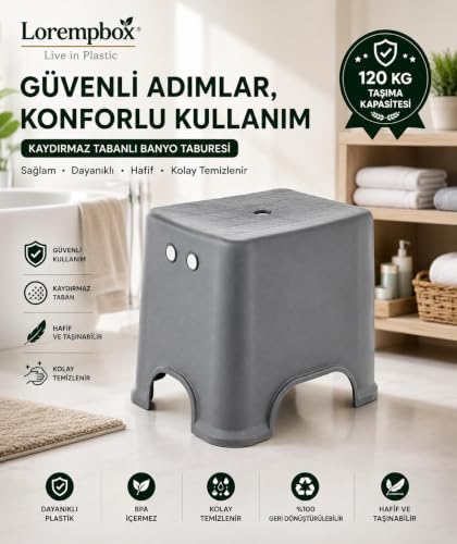 Lorempbox Kaydırmaz Tabanlı Plastik Tabure Gri
