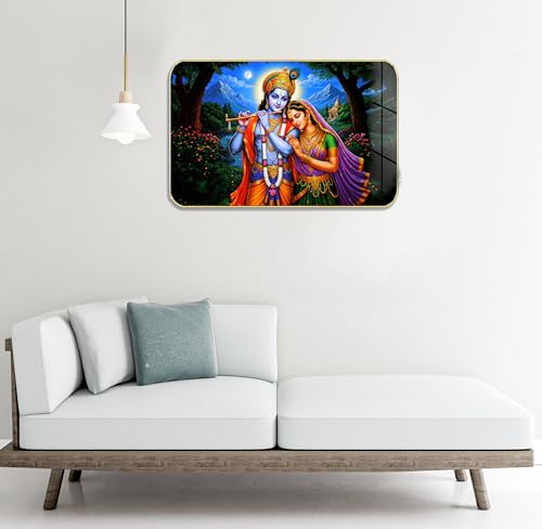 Image of Masstone Radha Krishna Crystal Embedded High Gloss Wall Painting, Golden Slim Frame, 45x30 Cm Wall Art for Living Room, Bedroom, Office & Home Decor (HG01)