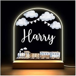 Beecreative Personalised Boys Train Bedroom Night Light - Custom LED Nursery Sleep Lamp Gifts With Any Childs Name