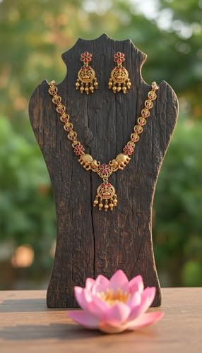 Image of Traditional Gold-Plated Lakshmi Temple Pendant Necklace Set for Women | Antique South Indian Jewelry with Jhumka Earrings | Ethnic Bridal, Wedding & Festive Jewelry Set