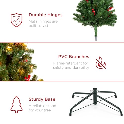Image of Best Choice Products 4.5ft Pre-Lit Pre-Decorated Artificial Christmas Tree Spruce w /Twinkling LEDs Pinecones, Berries, 150 Lights, w / 398 Tips