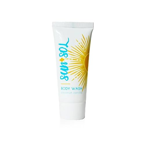 World Amenities - Sun + Sol Refreshing Body Wash With Warm Coconut & Vanilla Fragrances, Travel Size Toiletries, Mini Hotel Amenities, 0.7 oz