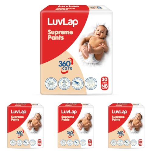 Image of LuvLap Supreme Diaper Pants New Born (NB) 0 to 5kg, 30pcs, 360 skin care with 10 million breathable pores, Aloe Vera for superior Rash prevention, upto 12hr protection, 5 layer super light core