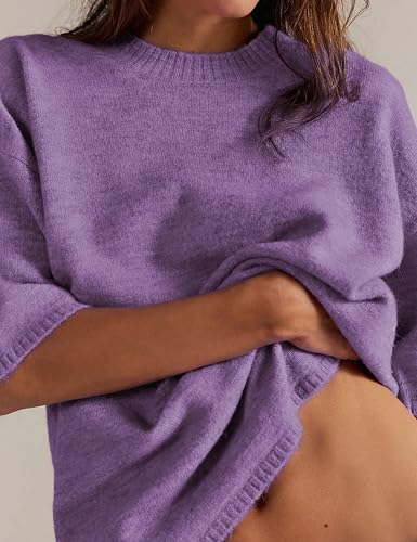Yeokou Women Sweater Tee Casual Crewneck Short Sleeve Pullover Top Ribbed Knit Loose Shirt(Purple-M)