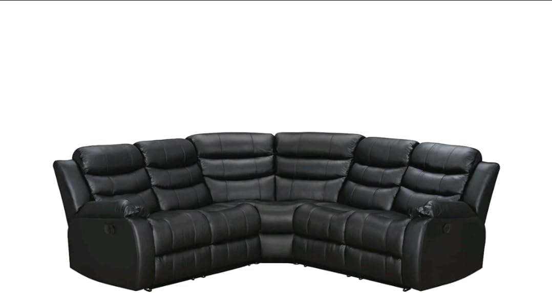 Black Leather Corner Recliner Sofa – Manual Reclining L-Shape Sofa Suite – Luxury Corner Couch – Thick Padded Seats & Armrests – Modern Living Room Furniture – 5 Seater Recliner Sofa Set