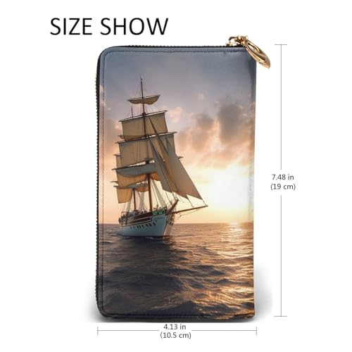 Womens Wallet Leather Slim Wallet Long Card Holder Case Zip Clutch White Sailing Ship at Sunset Travel Purse2