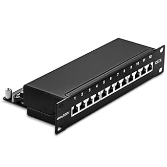 deleyCON CAT6a Patch Panel El Panel de Corrección 12 Puertos Escritorio y Montaje en Pared - Blindado - Enchufe 12x RJ45 - TIA568A TIA568B - Negro