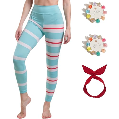 Cilxdr Womens Striped Leggings Adult Yoga Running Fitness Pants Halloween Cosplay Costume with Red Headband and Hair Accessories L