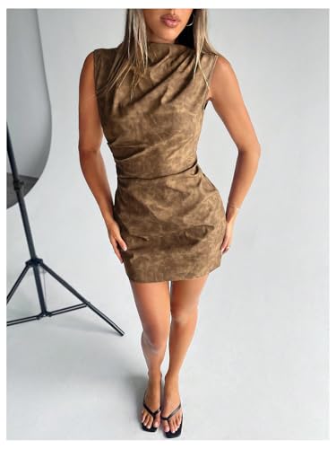 Image of RoseSeek Women's PU Leather Ruched Bodycon Dresses Mock Neck Sleeveless Zipper Mini Tank Dress