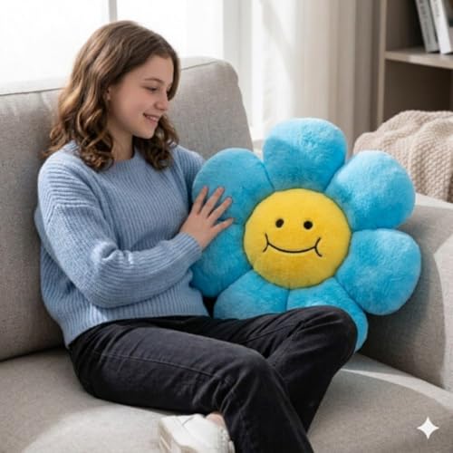 Image of AVSHUB Smiley Flower Cushion 30 cm | Soft Plush Pillow for Sofa Bed Decor | Cute Round Floral Shape Throw Cushion for Kids Room Living Room Gift Item (Blue)