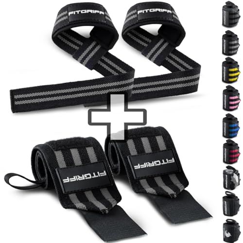 R Handgelenk Bandagen + Zughilfen (2er Set) - fur Krafttraining, Bodybuilding, Gewichtheben - fur Frauen und Manner (Black/Grey)