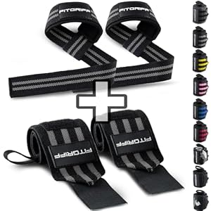 Fitgriff® Lifting Straps + Wrist Wraps (Gym Set) – Polsbanden voor Fitness, Gewichtheffen, Krachttraining – Weightlifting Accessoires (Zwart/Grijs)