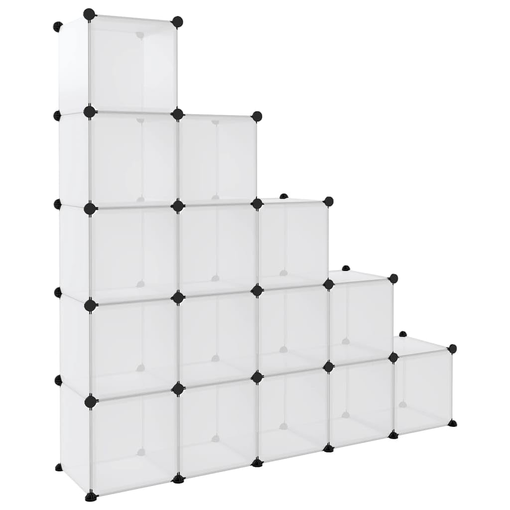 Regalsystem Würfel-Regal mit 15 Fächern, Treppenregal, Organizer für Wohnzimmer, Aufbewahrungsregal für Schlafzimmer, Badezimmer, 155 x 32 x 153,5 cm Transparent PP