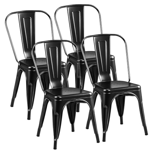 VINGLI Metal Dining Chairs Set of 4, Stackable Steel Dining Chairs with High Back, Industrial Kitchen Side Chairs for Dining Room, Restaurant, Cafe, Bistro, Patio, Black