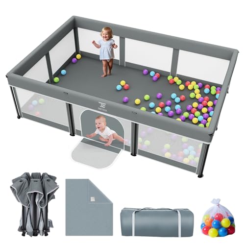 Image of 74x50 Foldable Baby Playpen with Mat - Portable Outdoor Play Yard, Grey