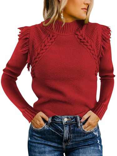 Women's Sweaters Fall Winter 2025 Trendy Mock Neck Fringe Tops Cable Knit Pullover Western Outfit
