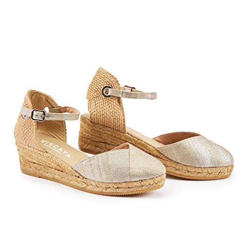 Image of Viscata Pubol Espadrille Canvas Low Wedges with Ankle Strap Spain Handmade 2 inch Heel Women's Sandals with Breathable Organic Cotton Canvas and 100% Natural Jute for all Occasions: Casual, Work, Party