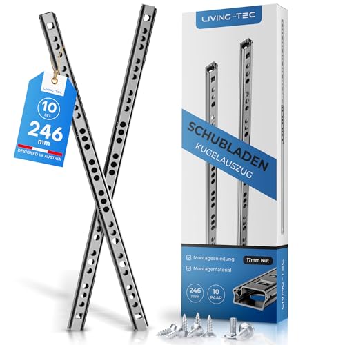 LIVING TEC® Schubladenschienen 246mm x 17mm Nut - 10Paar Gleitschiene inkl. Montageschrauben - Schubladenauszug - Schubladenauszüge - Auszugsschienen - Schienen für Schubladen Schienensystem - Auszüge