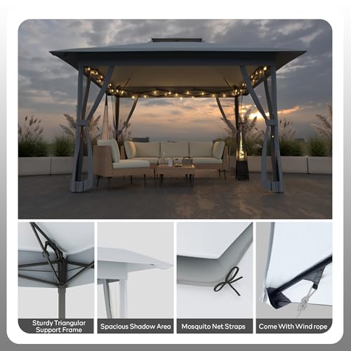 Rotihom Pop Up Gazebo 12x12 with Mosquito Netting, 4-Step Quick Setup Canopy Tent, Double Roof 10x10 Frame Design, Sandbags & Wind Ropes Include Outdoor Gazebo Tent for Patio, Backyard (Dark Gray)