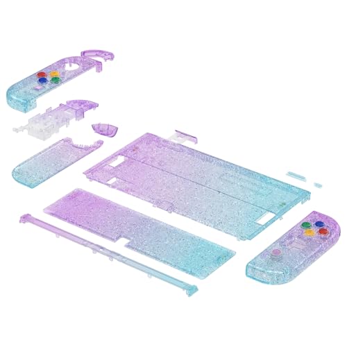 Image of eXtremeRate DIY Full Set Shell Buttons for Nintendo Switch OLED, Replacement Console Back Plate & Kickstand Custom Case Housing for Switch OLED JoyCon - Glitter Gradient Translucent Bluebell & Blue