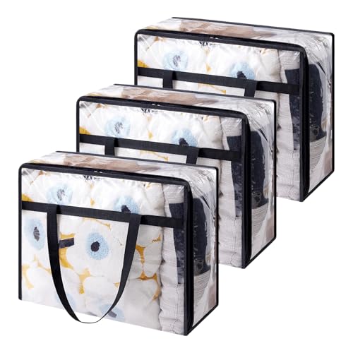 Anseom 3 Piezas Bolsas Almacenaje Transparentes, 40L Bolsas para Guardar Ropa Plegable, Bolsas de Mudanza Grande con Asas y Cremalleras, Cajas Almacenaje de PVC para Edredón Mantas Juguetes Libro