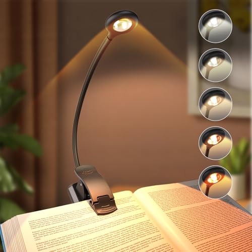 Book Light for Reading in Bed, Rechargeable Reading Light Clip On Book Light, 5 Color Temperatures Dimming Brightness 10-100% Small Eye Caring Round Spotlight LED Book Lamp, Gifts for Father's Day