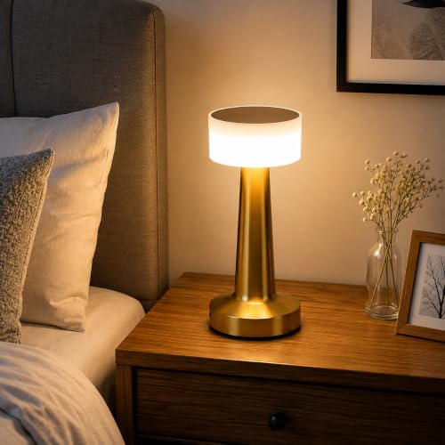 Image of One94Store Table Lamp Type-C Charging 1500mAh Battery,3 Color Dimmable Touch Control Lamp,Lamps for Home Decor and Bedroom, Living Room, Restaurant,Outdoor Use (Retro Metal - Gold)