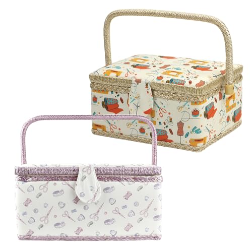 Caja de costura – Contenedor de doble tapa creativa | Organizador de sastrería con bandeja y cesta, amplio baúl de madera, kit bordado, estilo vintage para adultos, principiantes y reparaciones