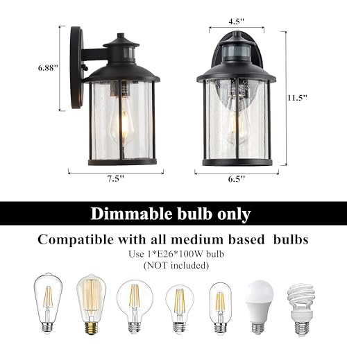 Image of MICSIU 2-Pack Black Motion Sensor Outdoor Wall Light No Assembly Required | 11.5 inch Dusk to Dawn Security Exterior Fixture, Seeded Glass Rustic Cabin Porch Light Sconce for Garage, Deck