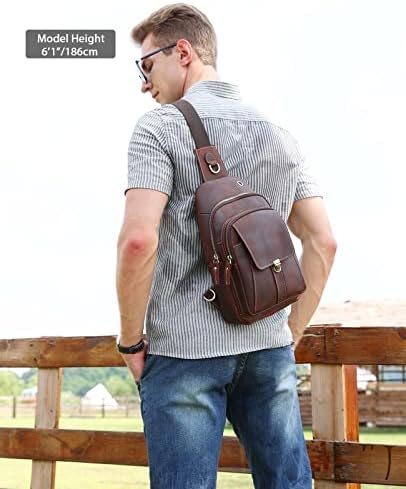 LANNSYNE Vintage Men's Full Grain Leather Chest Bag Shoulder Crossbody Sling Backpack fits 10.5" iPad