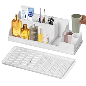 Bathroom Countertop Organizer With Tray, Toothbrush Holders and Toothpaste Holder Drainage for Bathroom Accessories,Organization Counter Vanity Storage,White-marble