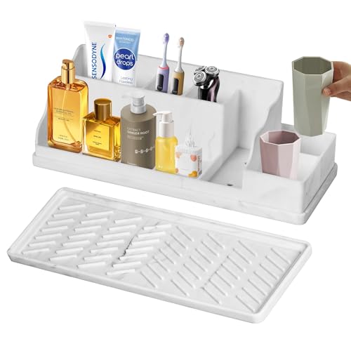Bathroom Countertop Organizer With Tray, Toothbrush Holders and Toothpaste Holder Drainage for Bathroom Accessories,Organization Counter Vanity Storage,White-marble