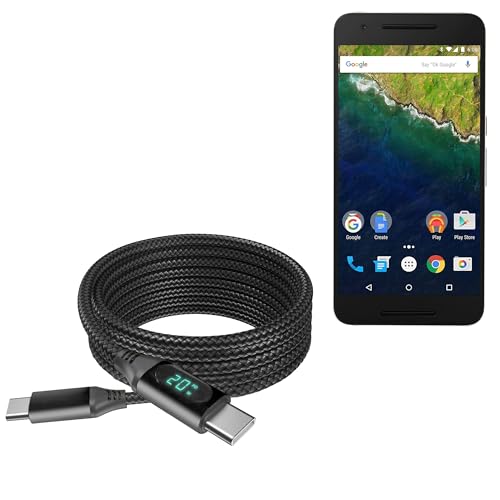 BoxWave Cable Compatible with Google Nexus 6P - PowerDisplay PD Cable (6ft) - USB-C to USB-C (100W), LED Wattage Info Extra Long Braided Nylon - Jet Black