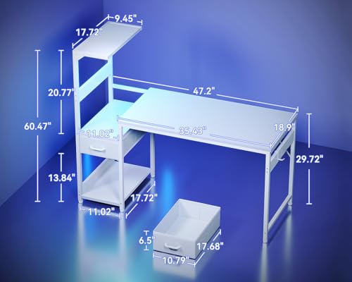 Image of Casaottima 48'' Gaming Desk with LED Lights & CPU Stand, Reversible Computer Desk with Storage Shelves & Fabric Drawer, Modern PC Gamer Table with Headphone Hook, Carbon Fiber White