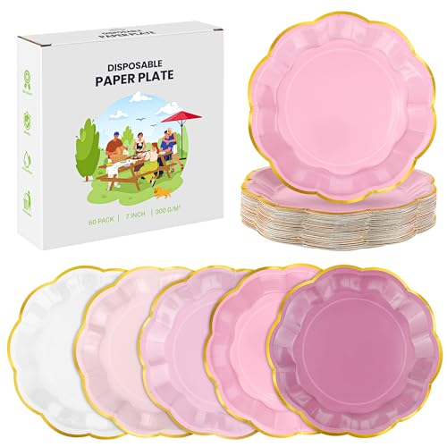 Kochorie 60 PCS Dusty Pink Scalloped Party Plates, 7 Inch Gradient Pink Dessert Plate, Disposable Gold Foil Border Paper Plates for Birthday Bridal Baby Shower Wedding Party Supplies