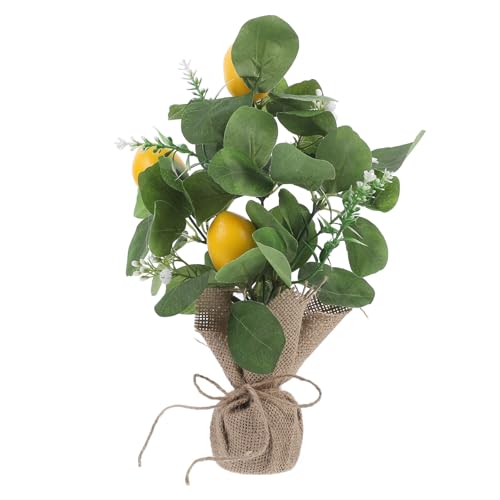 Luxshiny Artificial Potted Lemon Flowers Plastic Faux Lemon in Small Burlap Bag Vase Fake Lemon Plant for Home Office Farmhouse Kitchen Decor