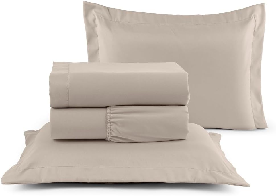Jogo de Cama Casal 400 Fios Percal 04 Peças Com Lençol de Cima e Aba Americana, Antiácaro, Anti-pilling com Toque Macio - Bege, Casal