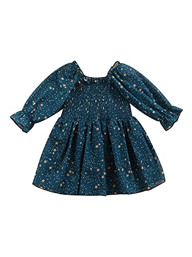 VISGOGO Toddler Baby Girls Dress Stars Print Off Shoudler Long Sleeve Pleated Smocked Dress Princess Clothes (Blue, 12-18 Months)