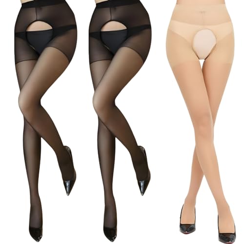 [MO FACTORY] オープンクロッチ 穴あき ストッキング セクシー コスプレ 3足セット 黒/ベージュ/MIX 過激 パンスト 穴開き 股開き 靴下 大きいサイズ - 画像1