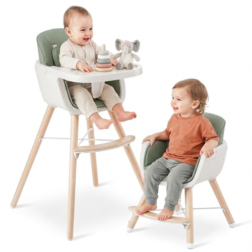 Image of Mallify 3-in-1 Wooden High Chair, Convertible High Chairs for Babies and Toddlers, Baby Highchair with Adjustable Legs & Dishwasher-Safe Tray, Sleek Hardwood & Premium PU Cushion, Green