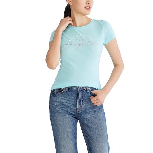 AEROPOSTALE Women's Aero SS Graphic Tee-Script, Aruba Blue, Large