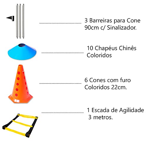 Kit Funcional Agilidade 3-1 Escada Agilidade Nylon + 6 cones com furo coloridos + 10 chapeu chines +
